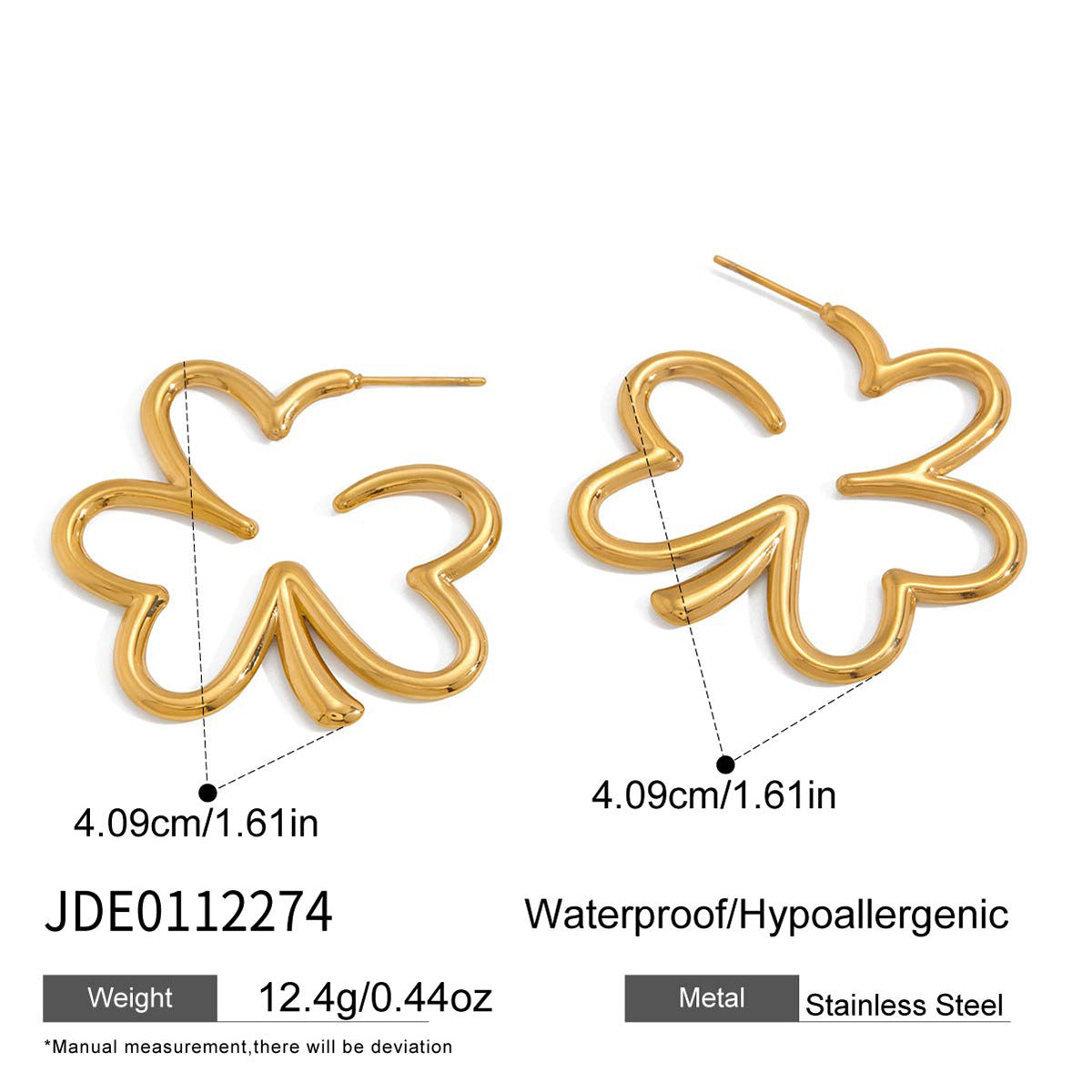 dimensions of the gold plated open clover statement earrings