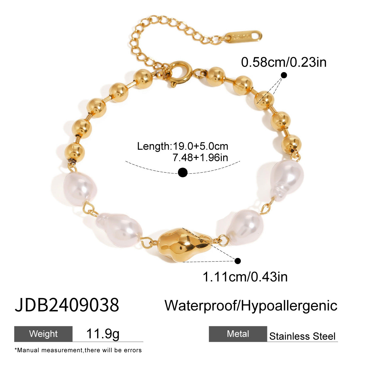 Bead bracelet showing length, extension and bead measurements