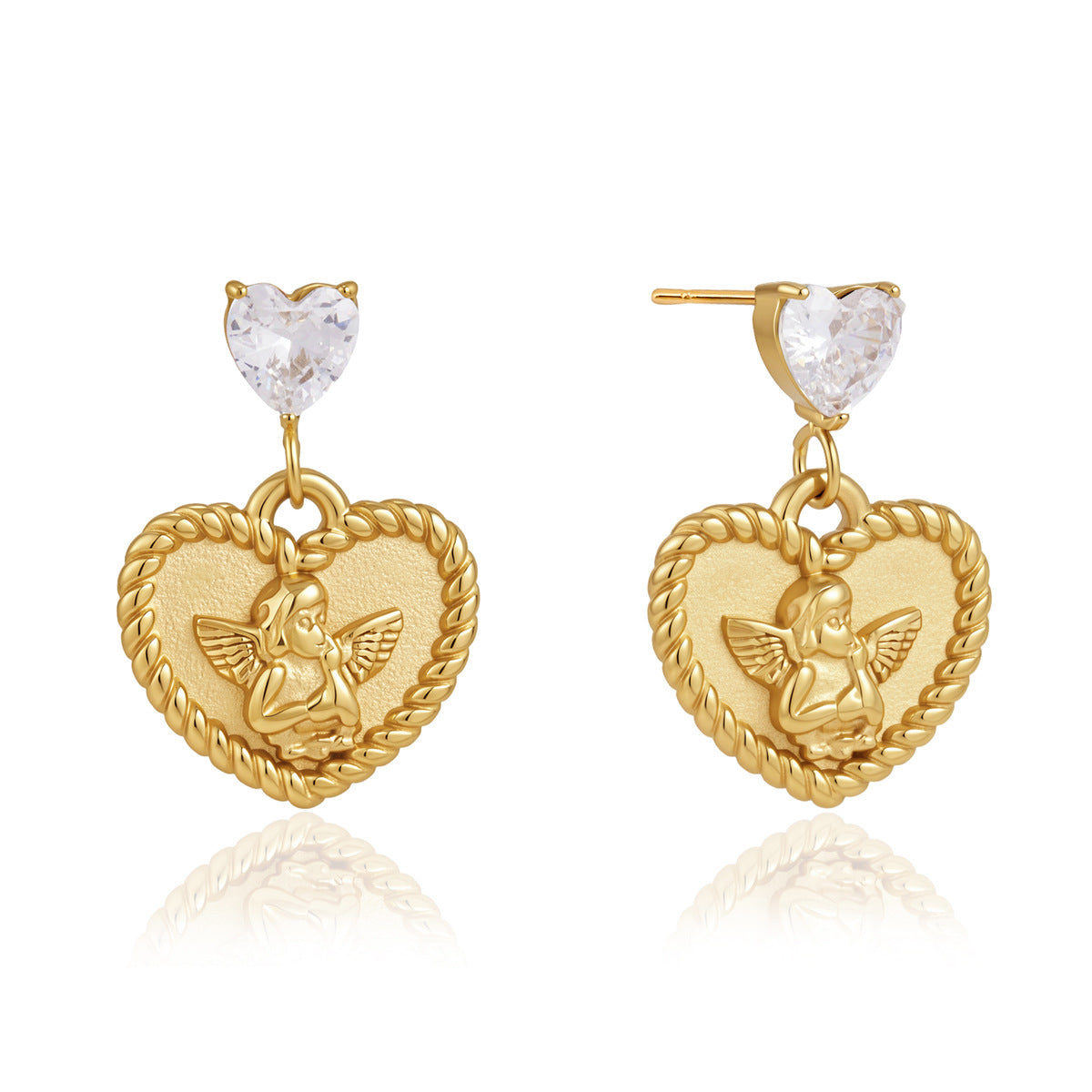Front and side views of clear heart top and angel medallion