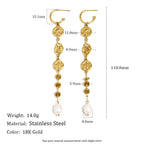 long stainless steel medallion pearl earrings with measurements