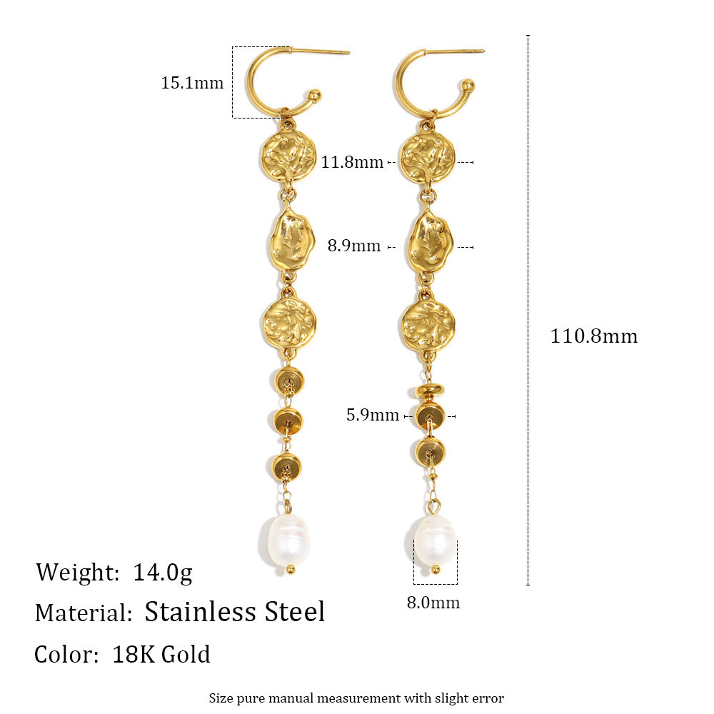 long stainless steel medallion pearl earrings with measurements