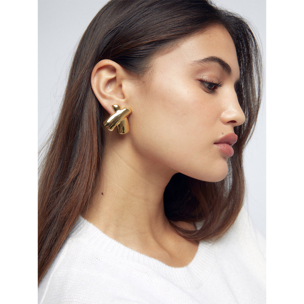 Sculptural X Stainless Steel Stud Earrings in Two Finishes styled product view