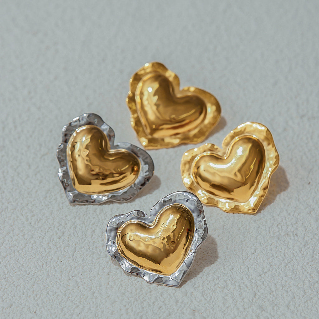 Stainless Steel Heart Stud Earrings and Charm Ring Collection — palm charm chain ring option