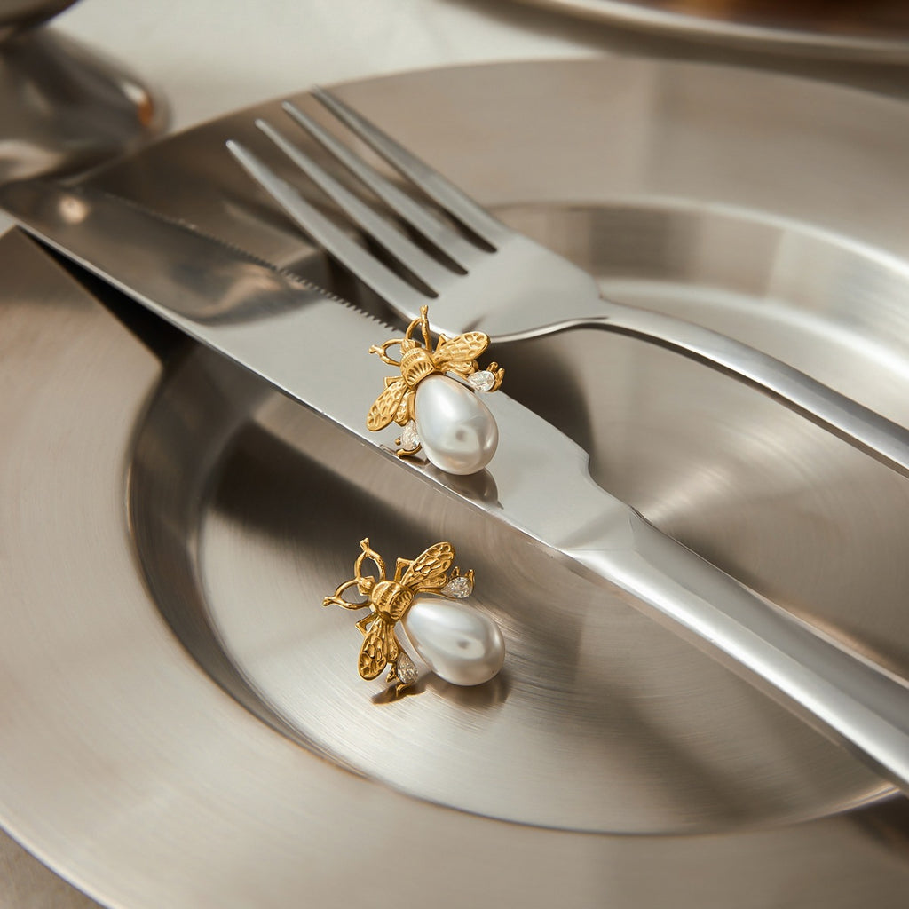 Gold-Tone Bee Pearl-Look Stainless Steel Stud Earrings – flat-lay view