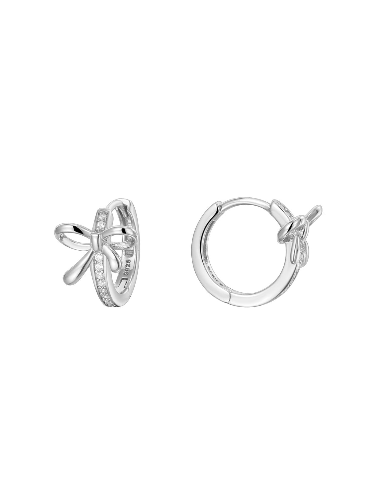 925 Sterling Silver Bow Zirconia Huggie Hoop Earrings — silver bow front and hoop profile