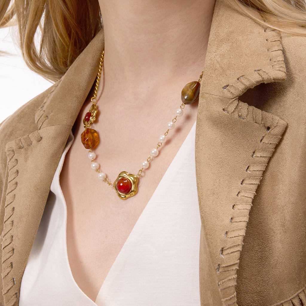Gold-Tone Resin Bead Stainless Steel Necklace Collection shown on model