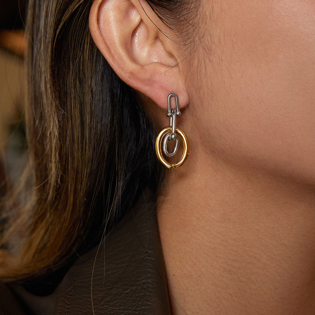 Two-Tone Interlocking Stainless Steel Drop Earrings styled product view