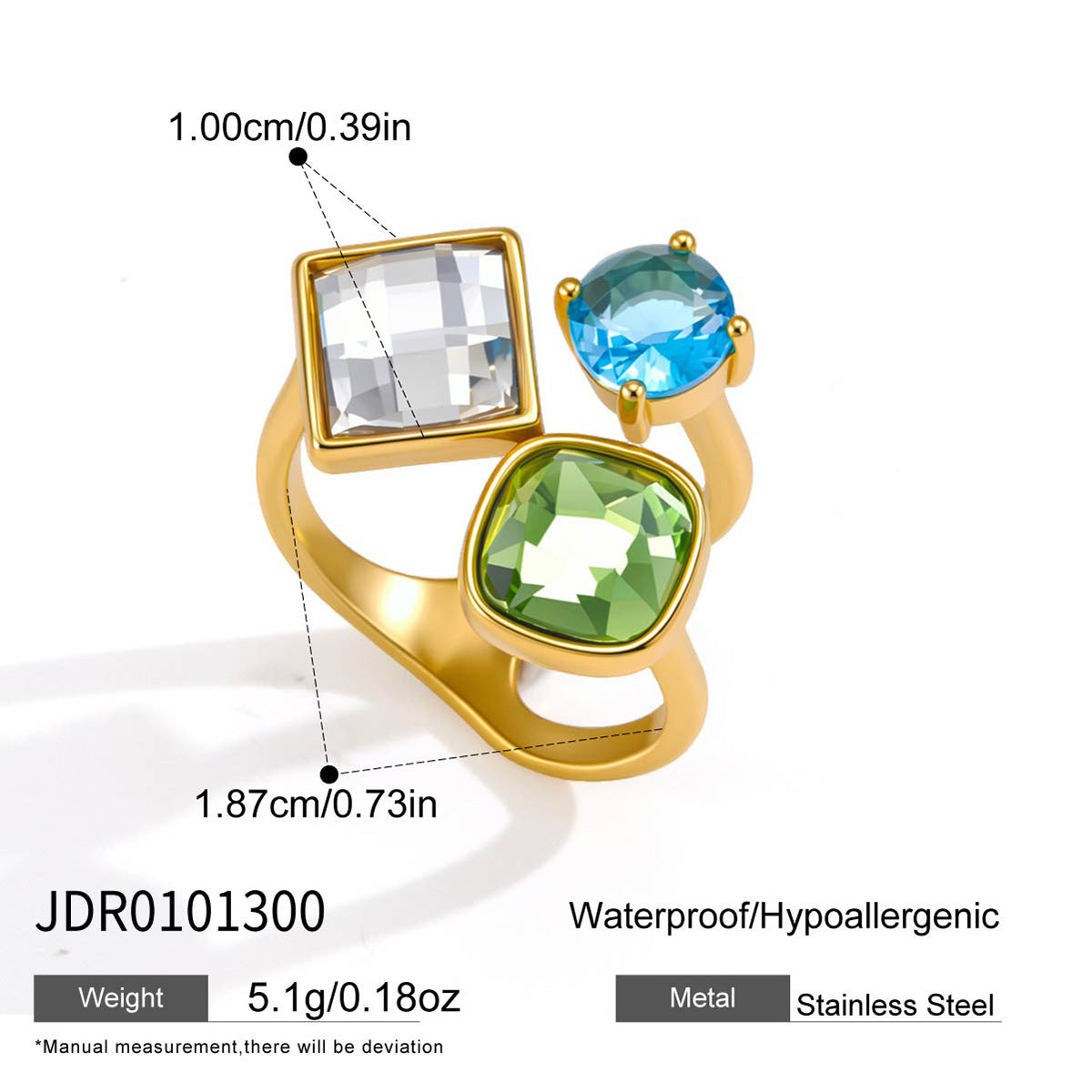 Three-color stainless steel ring with front measurement diagram