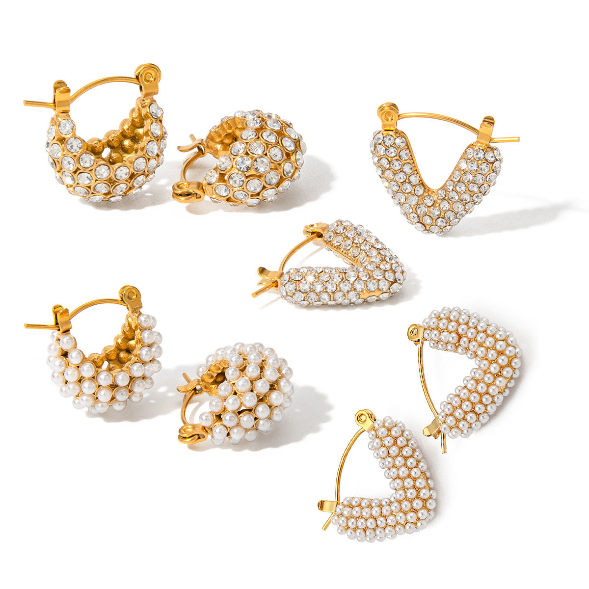 Gold-Tone Pearl-Look Clear Accent Stainless Steel Hoop Earrings finish and shape detail