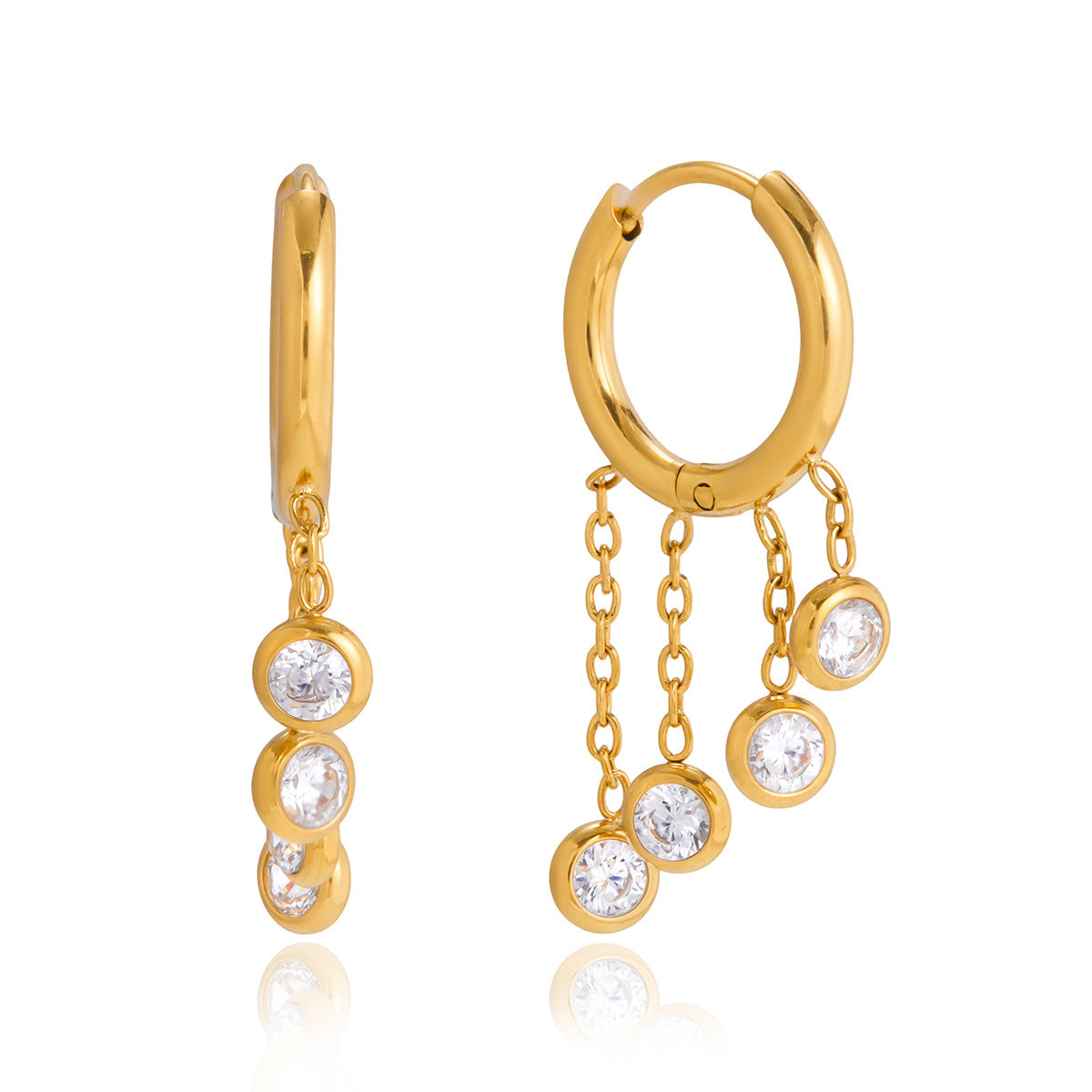 isolated gold plated chain hoop earrings with round clear accents