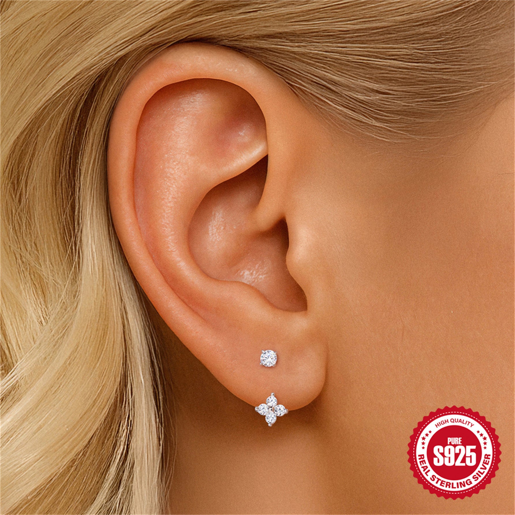 single 925 silver moissanite flower ear jacket worn on the lobe