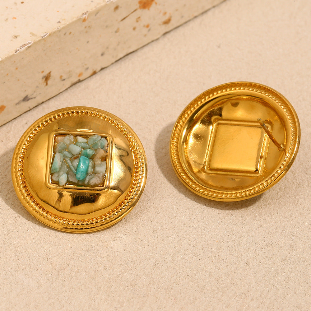 front and back views of textured round stone chip stud earrings