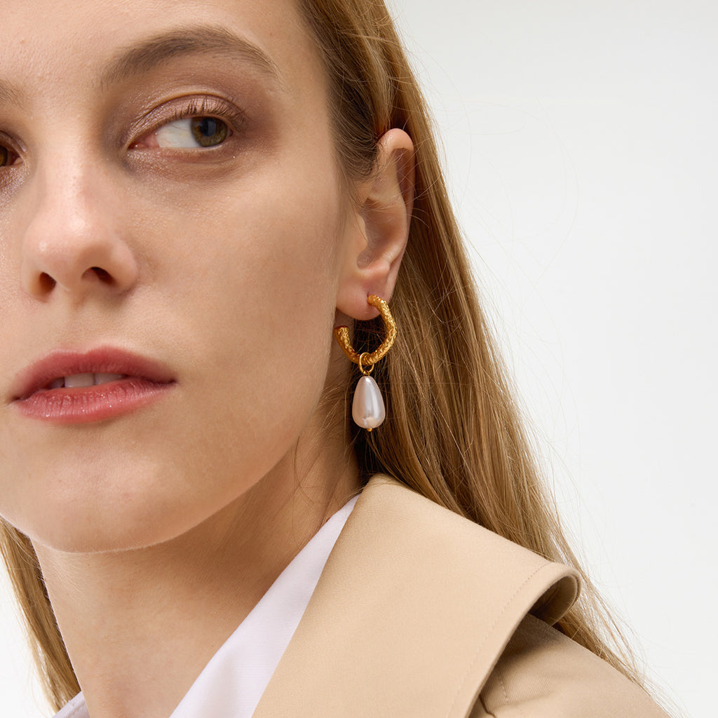 Wholesale Gold-Tone Stainless Steel Resin Pearl-Look Drop Hoop Earrings - front view