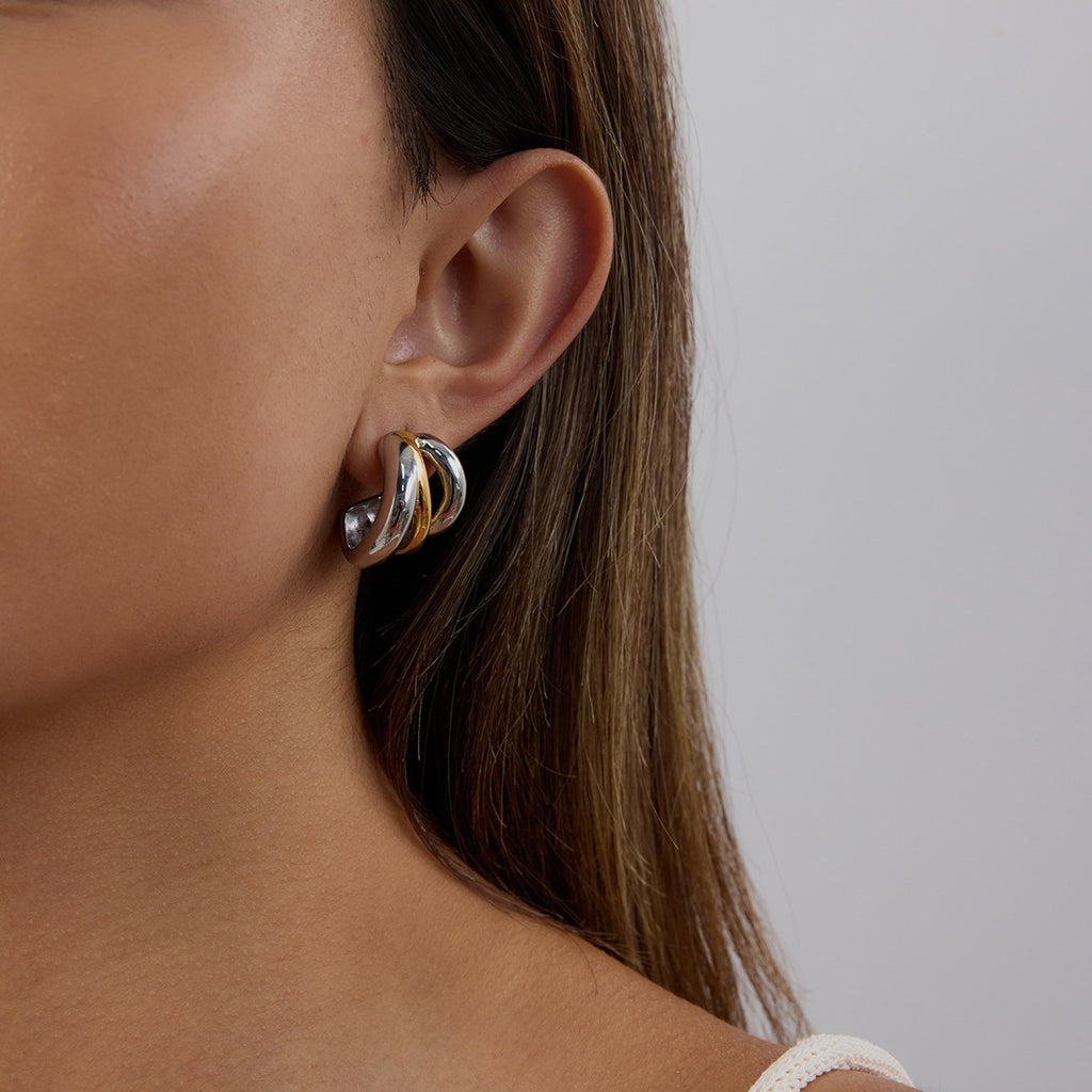 Two-Tone Layered Stainless Steel Huggie Hoop Earrings – styled view