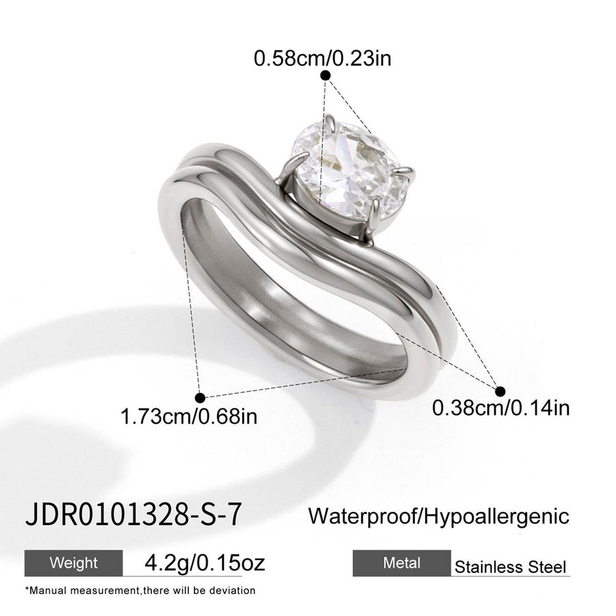 Silver tone double-band ring with clear solitaire measurements