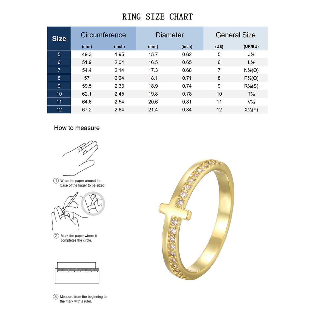cross band ring beside an illustrated US ring size chart
