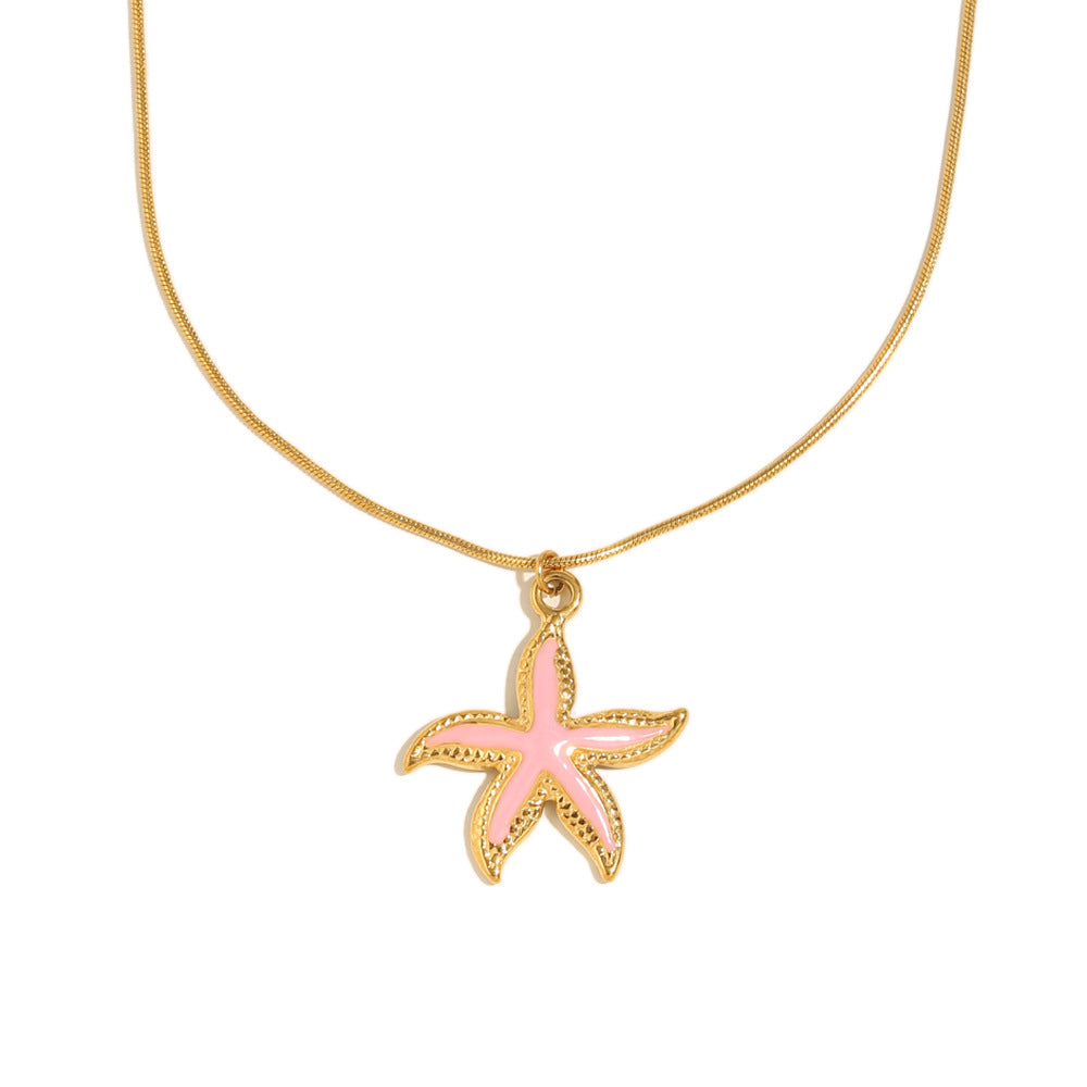 Pink enamel starfish pendant necklace front view
