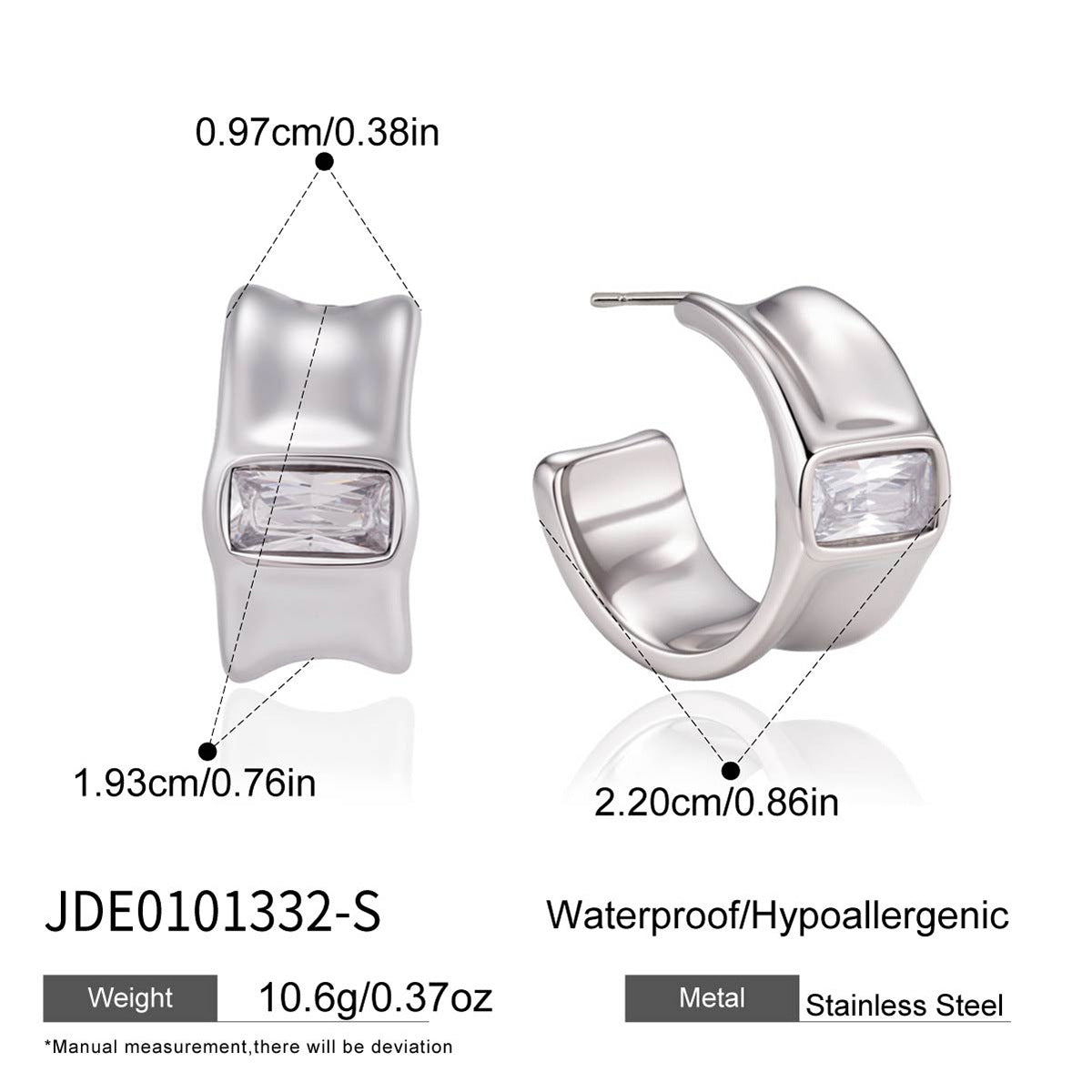 Silver-tone stainless steel hoops with size diagram