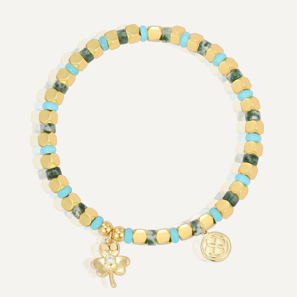 gold plated clover charm bracelet with multicolor cube beads