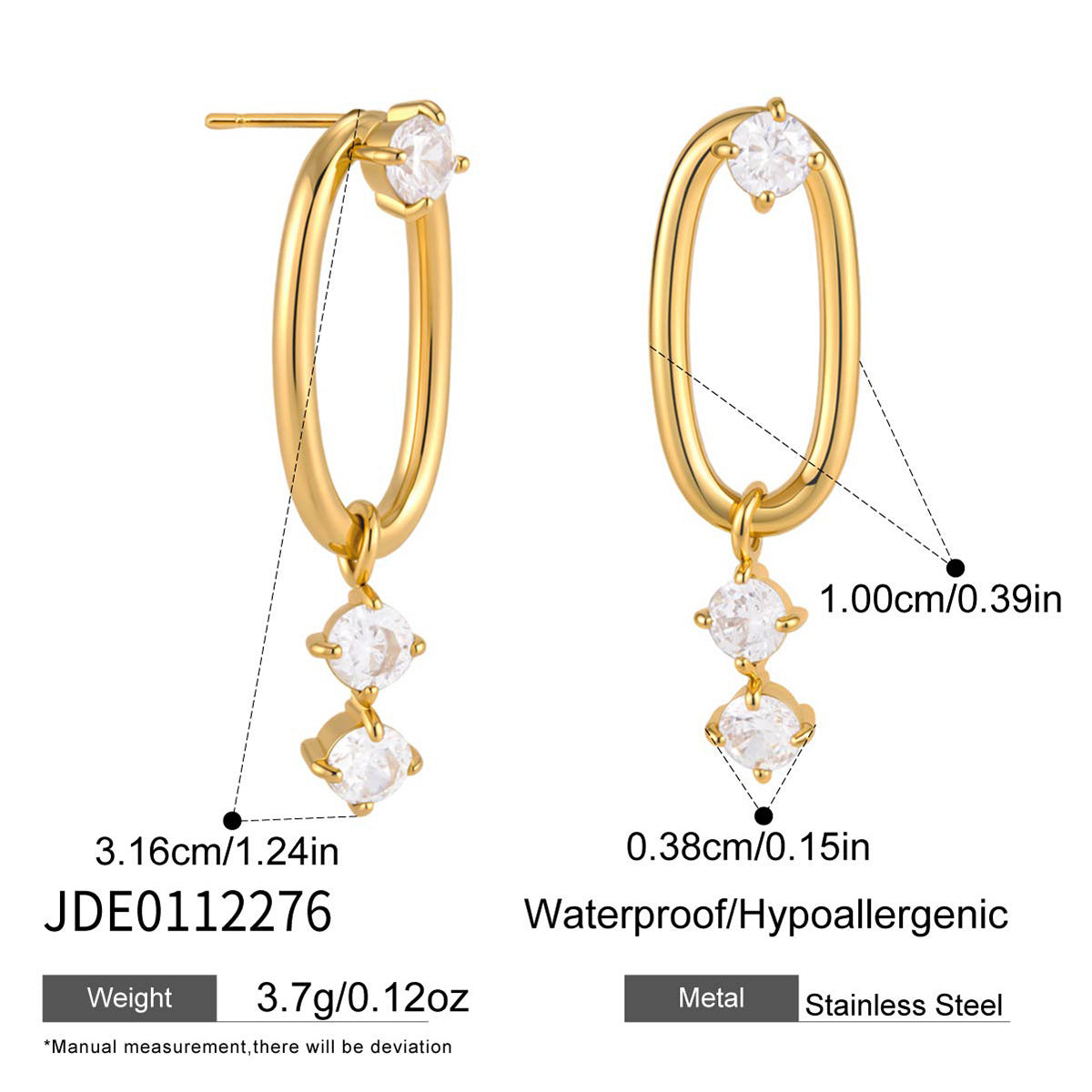 Oval link drop earring height and stone dimensions