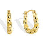 front and side product views of gold plated twisted hoop earrings