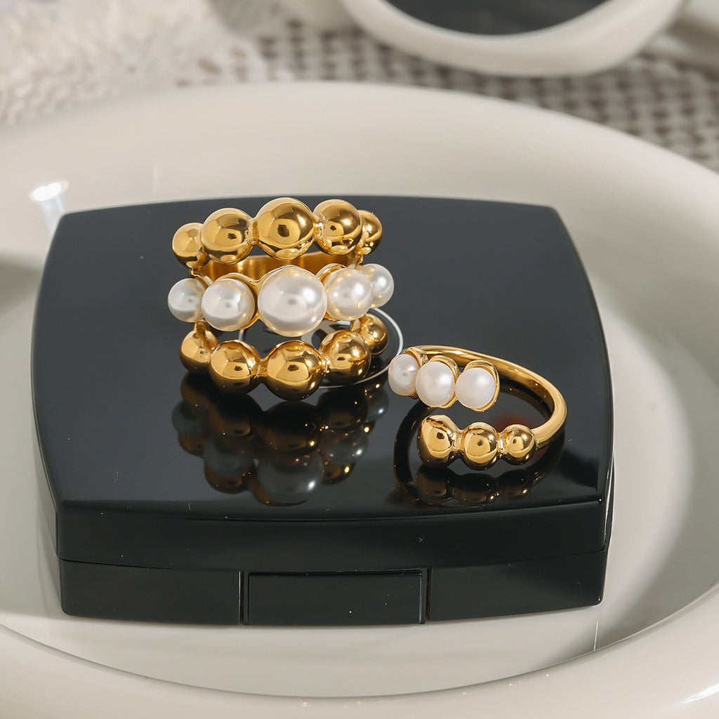 Pearl-Look Bead Stainless Steel Ring Collection — detail view
