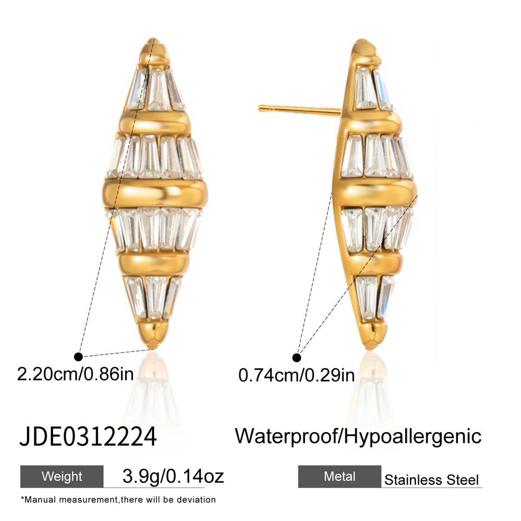 Elongated stone stud earrings with height and width diagram