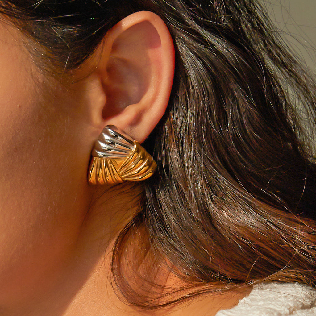 Two-Tone Textured Triangle Stainless Steel Stud Earrings styled product view