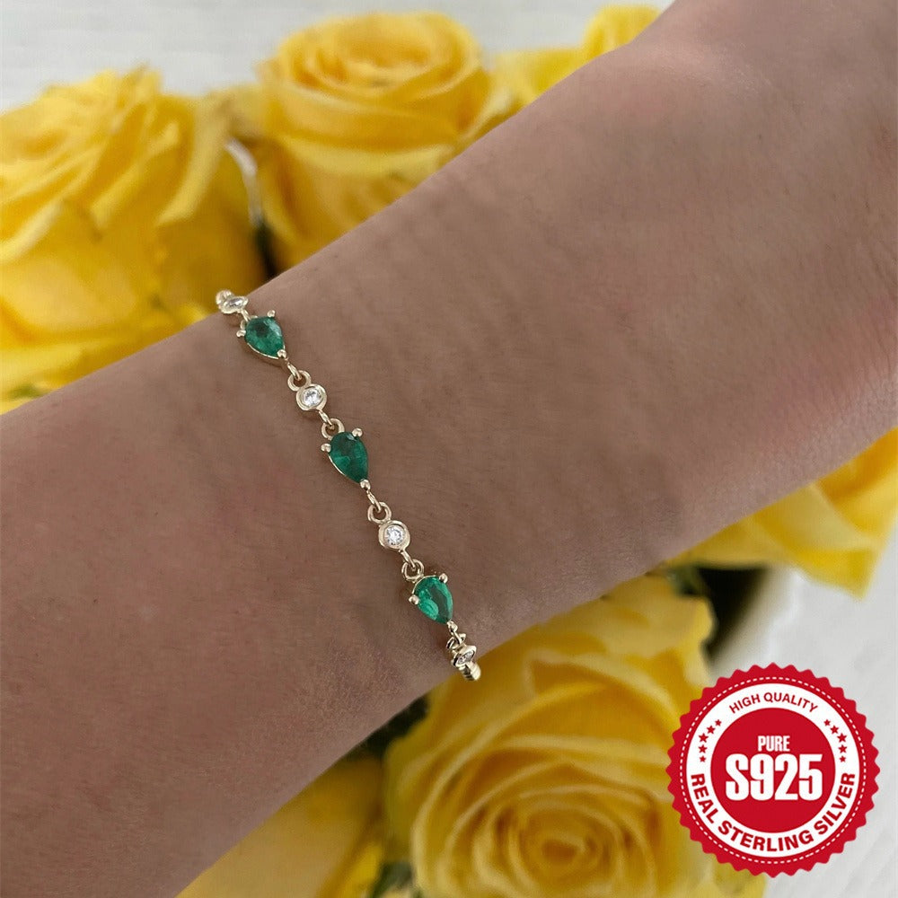 Gold Plated 925 Sterling Silver Teardrop Zirconia Bracelet — green stone bracelet worn on wrist