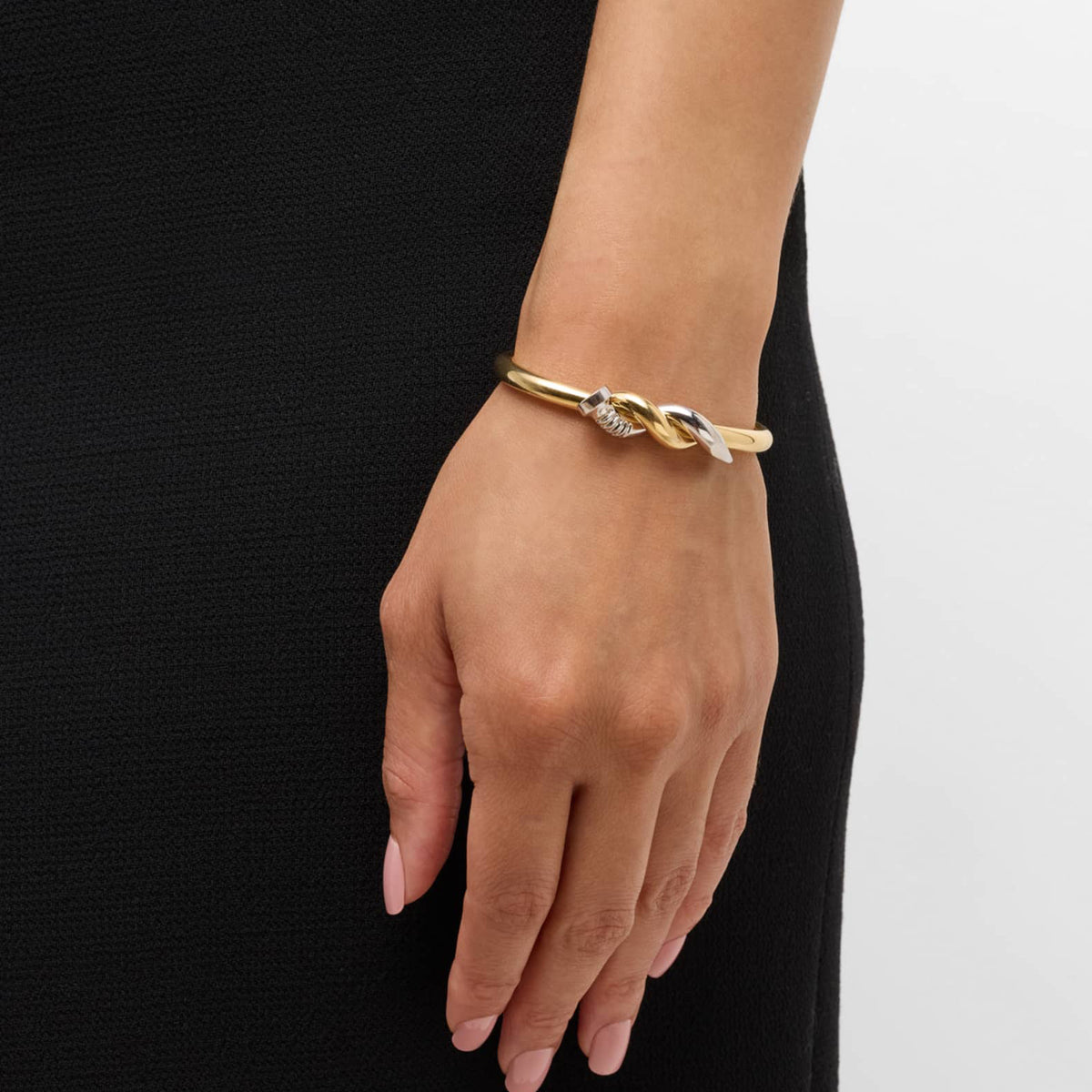 Gold Plated Two-Tone Knot Stainless Steel Open Cuff Bracelet – styled view