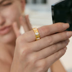 Yellow-accent rectangular stone band worn close-up