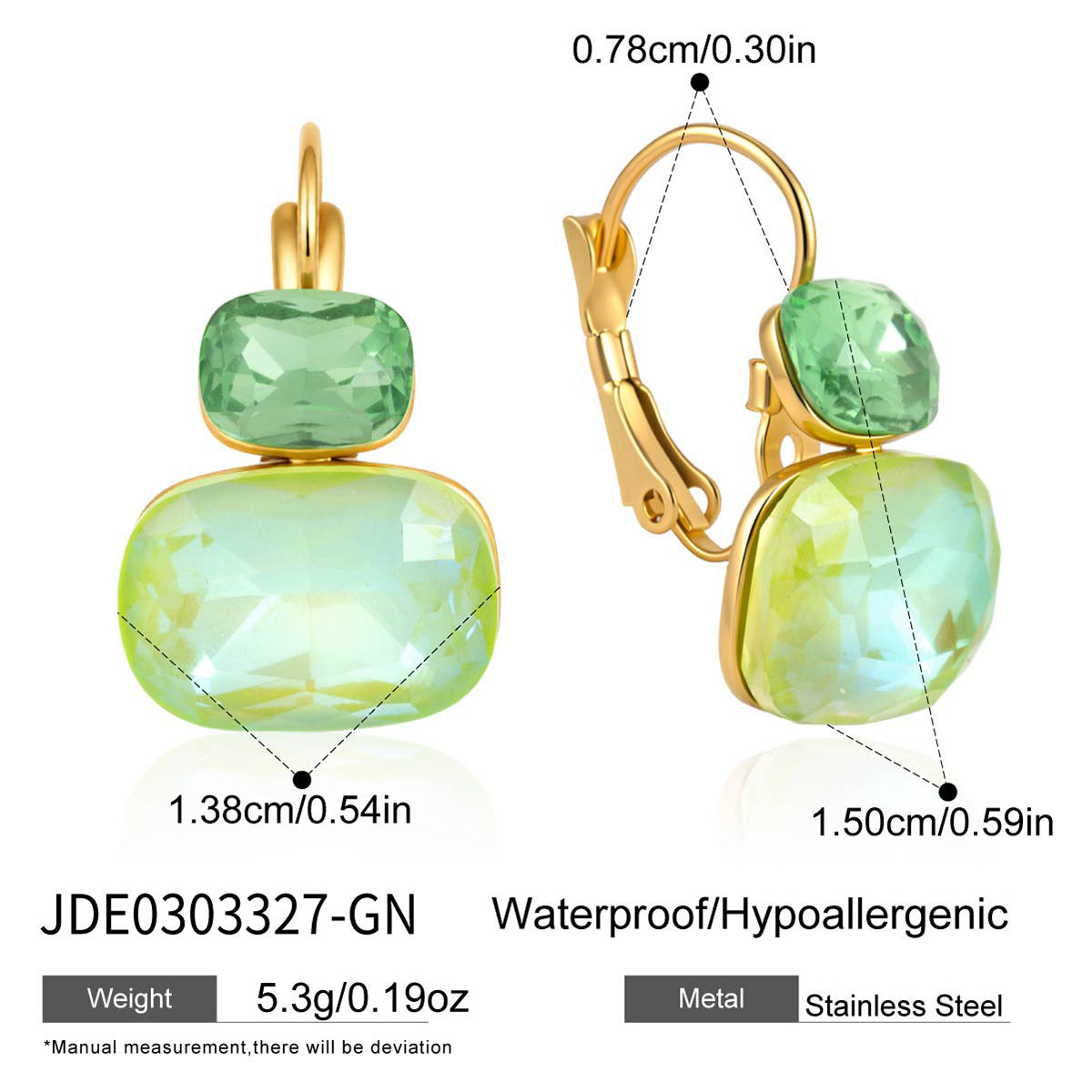 Green and light green cushion stone earring measurements