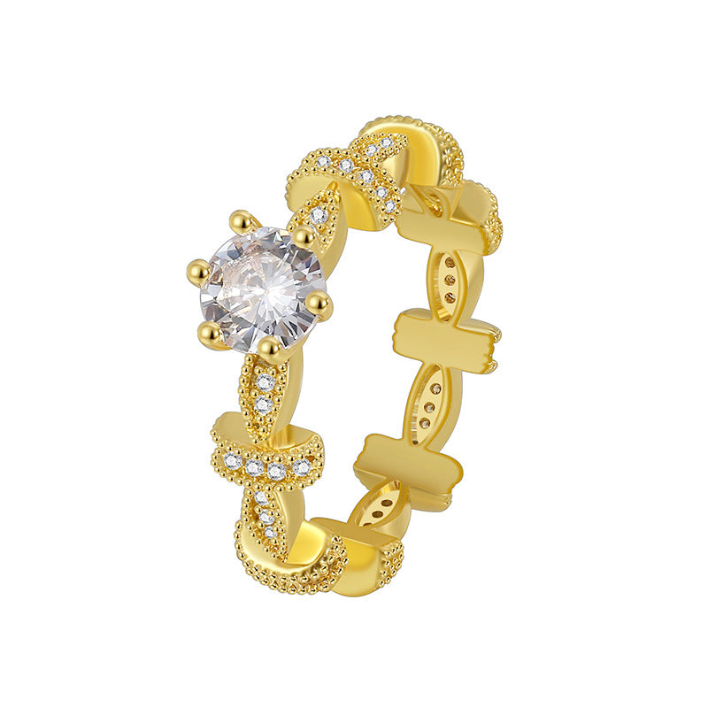 isolated clear zirconia statement ring with repeating curved links