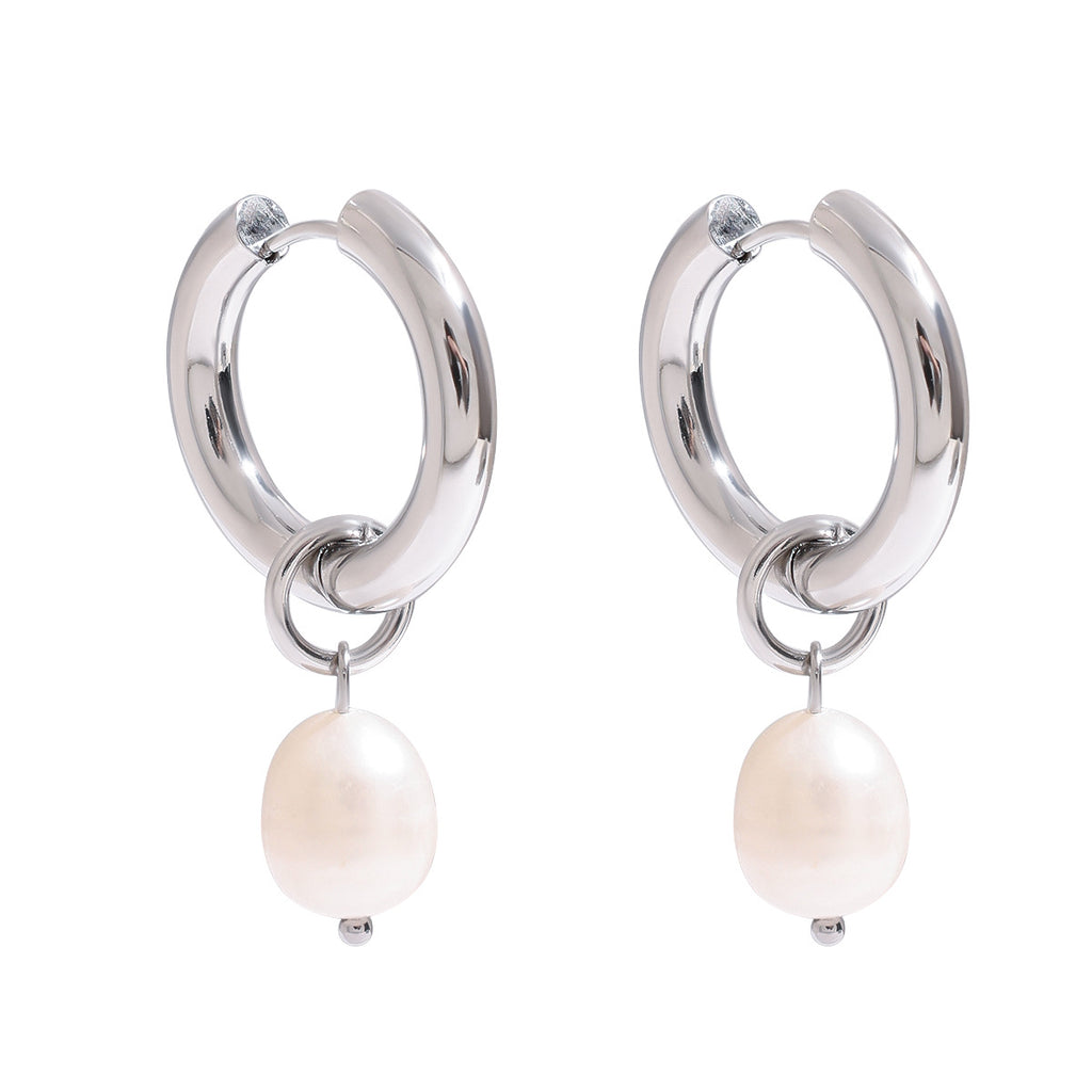Silver-Finish Pearl-Look Stainless Steel Drop Hoop Earrings – front view