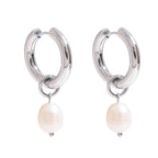 Silver-Finish Pearl-Look Stainless Steel Drop Hoop Earrings – front view