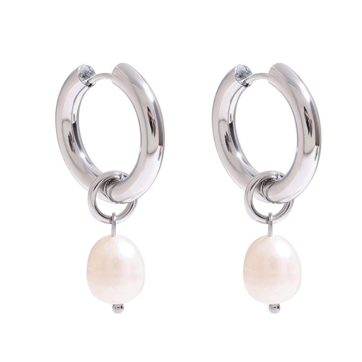 Silver-Finish Pearl-Look Stainless Steel Drop Hoop Earrings – front view