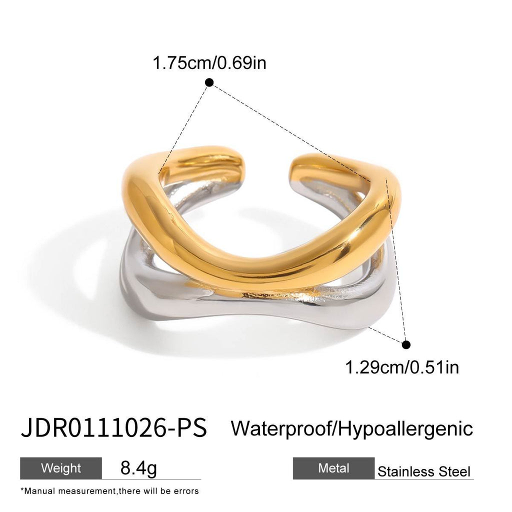 Two-Tone Stainless Steel Sculptural Double-Band Open Ring — product reference