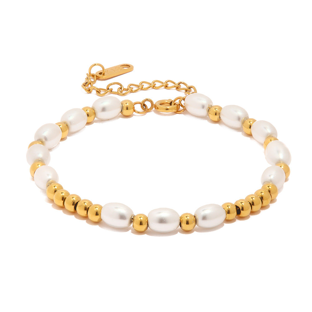 Gold Plated Stainless Steel Glass Pearl Bead Chain Bracelet — glass pearl close-up