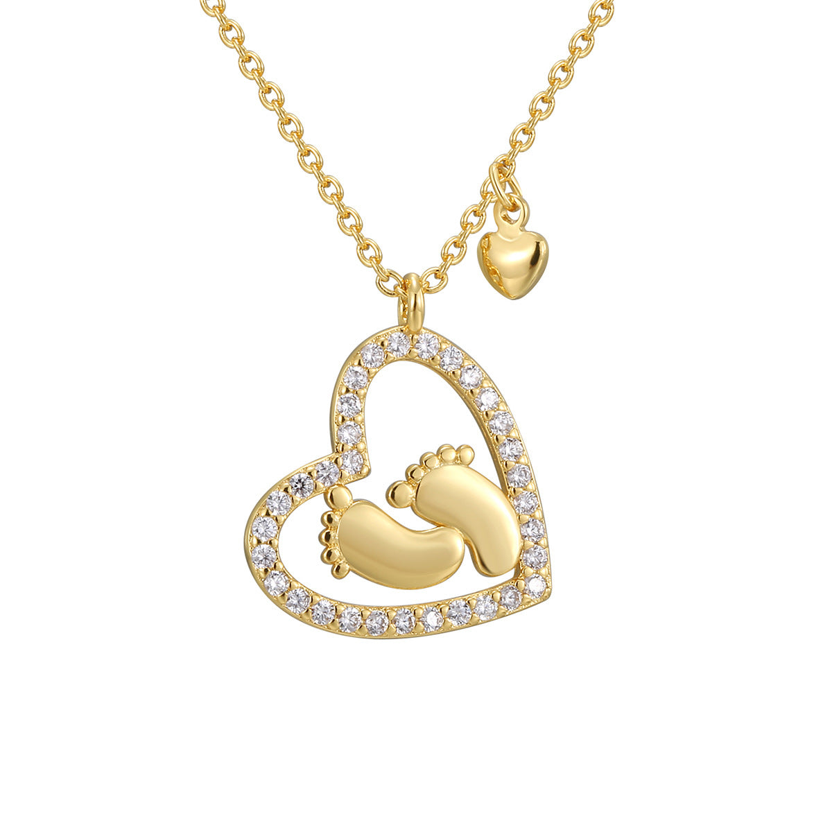 isolated gold plated baby footprint heart pendant necklace