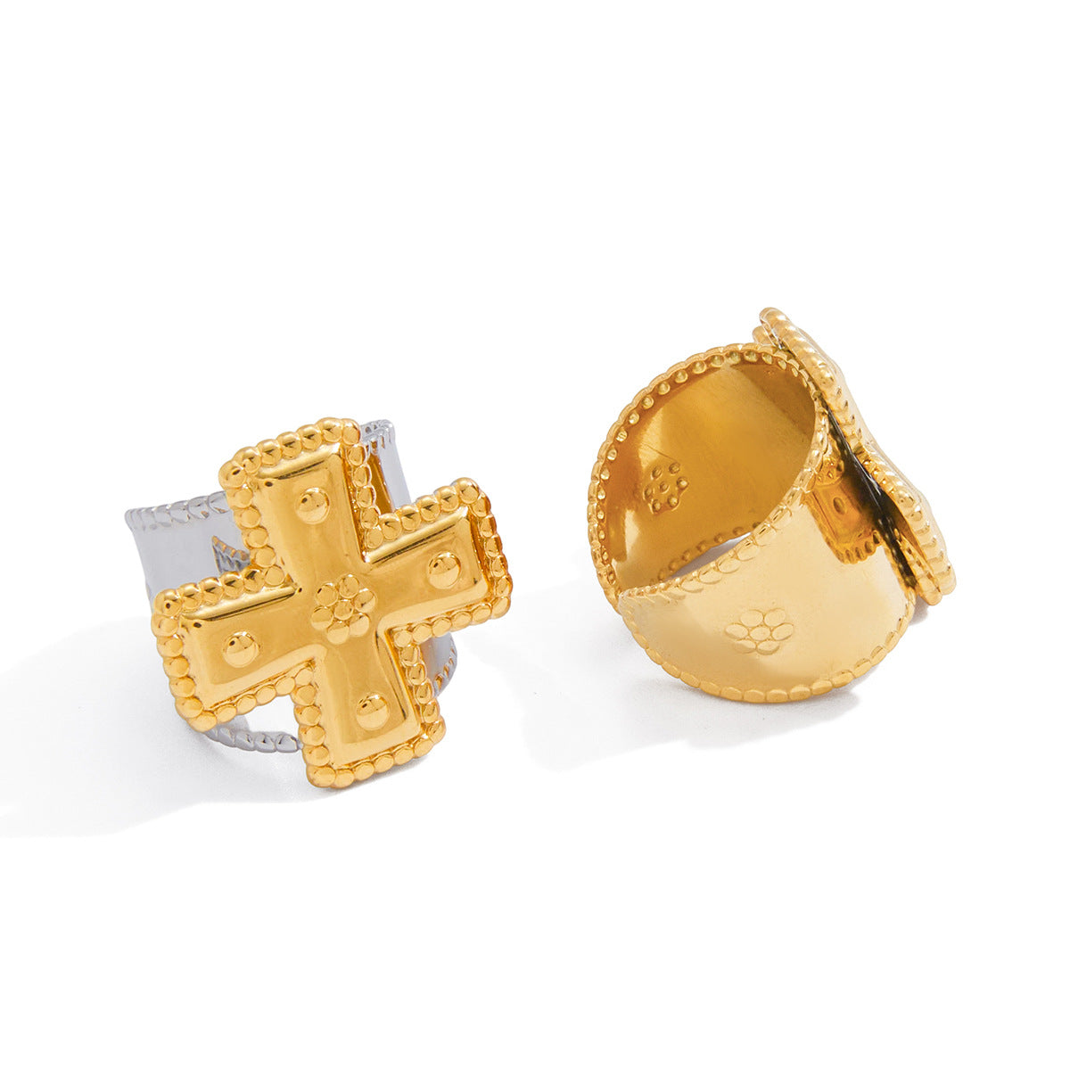 isolated cross statement ring in gold plated and two-tone finishes