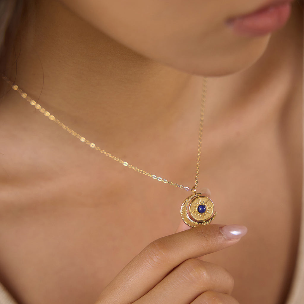 Close-up of lapis lazuli center and crescent frame