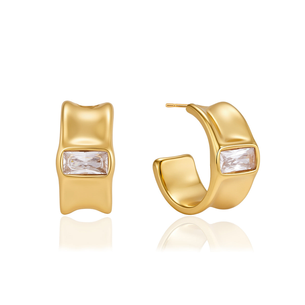 Broad gold-tone open hoops with rectangular clear centers