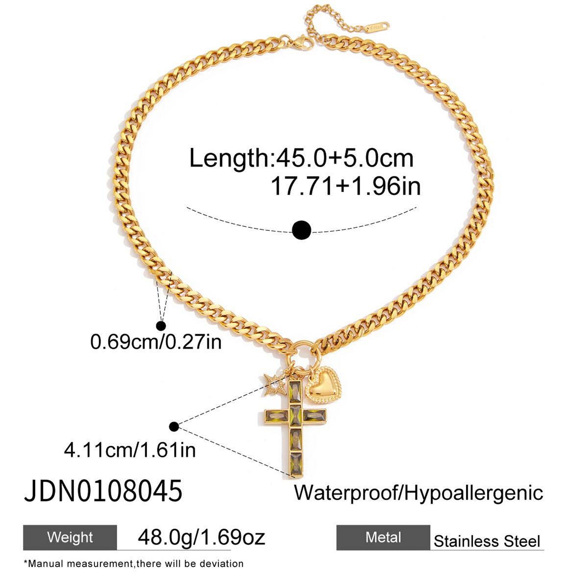Chunky chain cross pendant necklace with green and clear accents