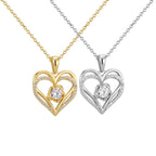 front comparison of gold plated and silver-finish heart halo necklaces