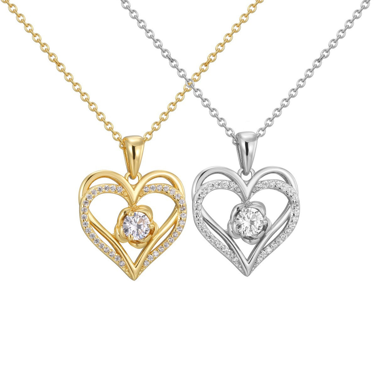 front comparison of gold plated and silver-finish heart halo necklaces