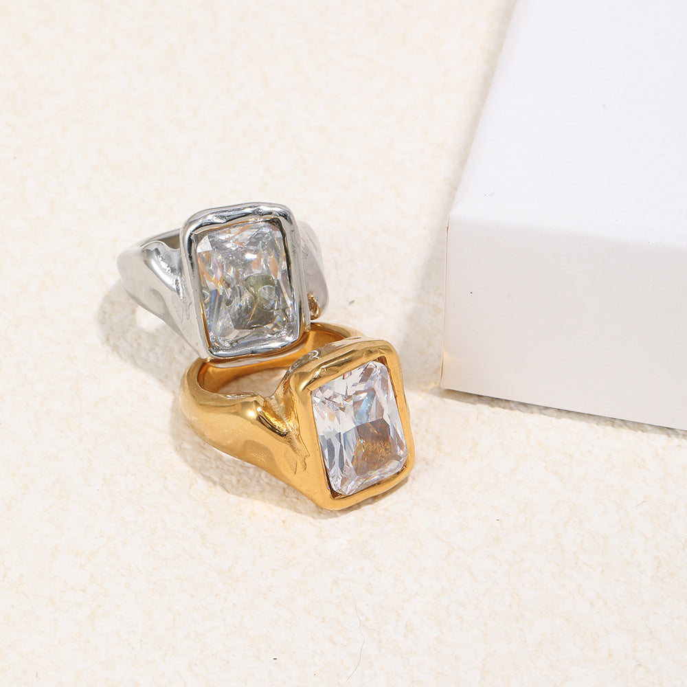 stacked gold plated and silver rectangular stone statement rings