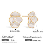 Gold-Tone White Floral Stainless Steel Stud Earrings – detail view