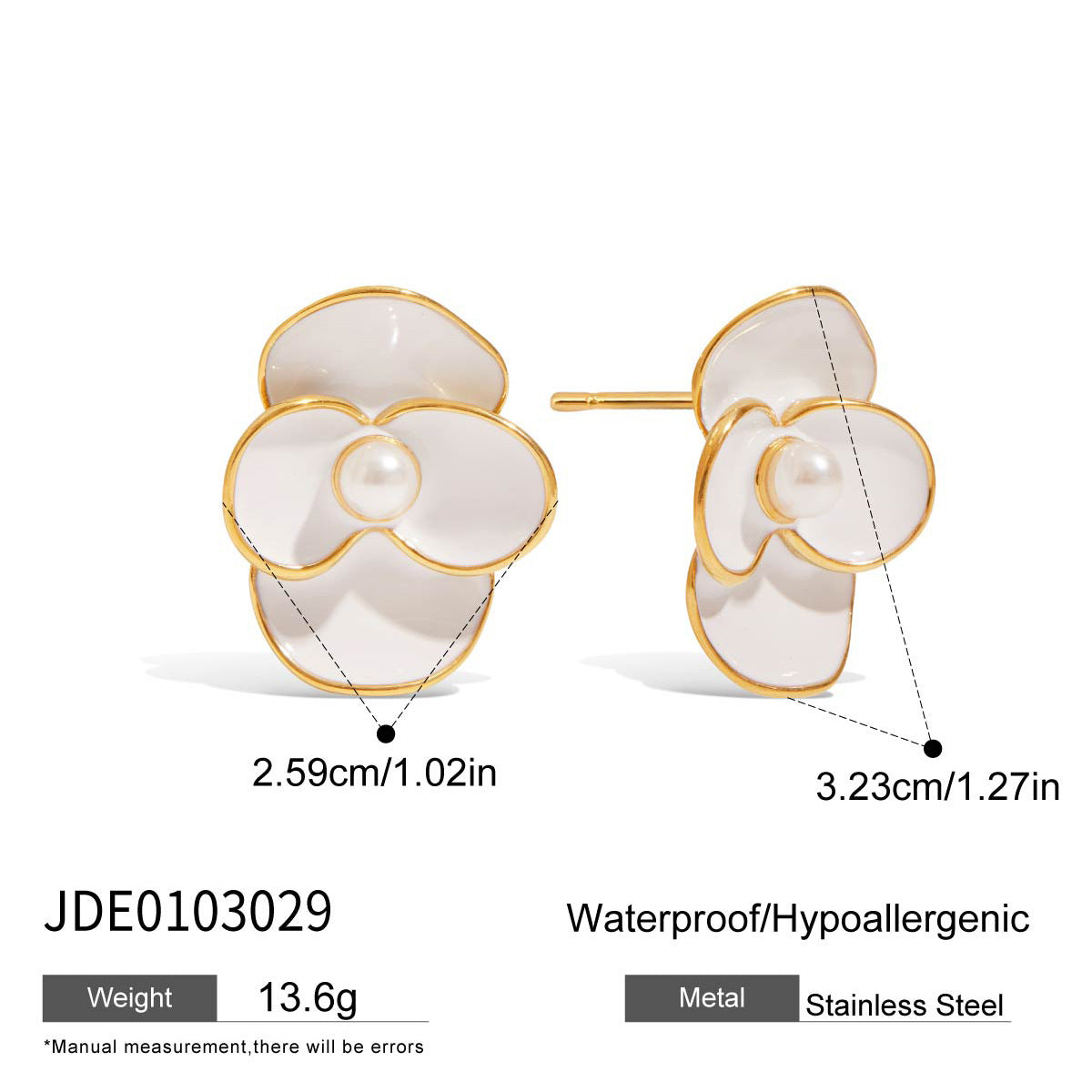 Gold-Tone White Floral Stainless Steel Stud Earrings – detail view