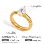 Pear zirconia ring with ribbed band and measurement guide