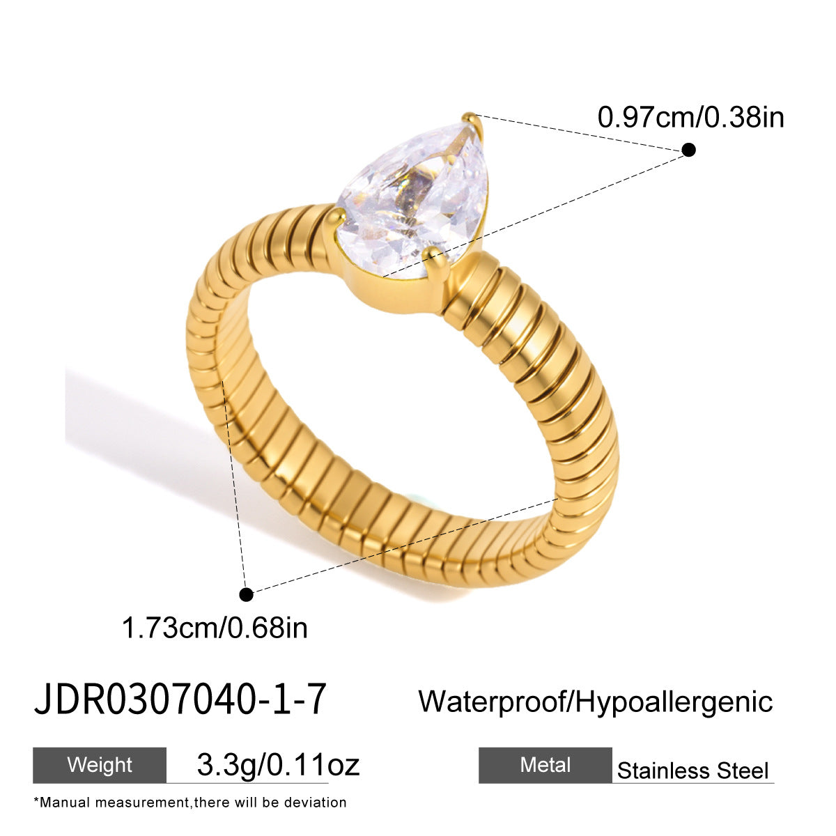 Pear zirconia ring with ribbed band and measurement guide